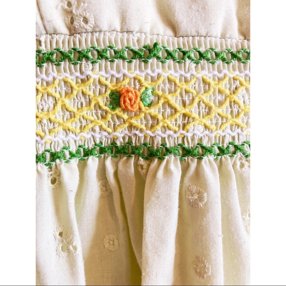 Vintage Handmade Girls Pale Yellow Eyelet Summer Dress with Embroidered Flowers - Picture 3 of 4